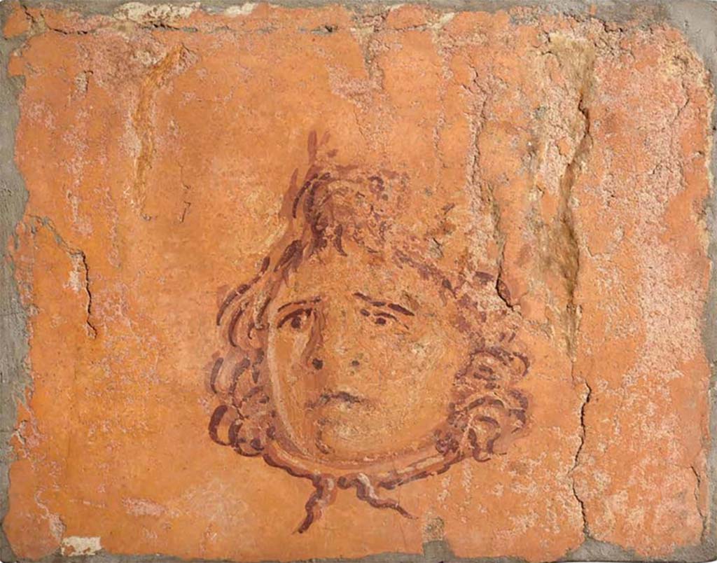 Villa dei Papiri, Herculaneum. Fresco of Medusa head.
Now in Naples Archaeological Museum. Inventory number 8821B
According to the Catalogue –
The above fresco, (one of a pair of similar images) together with another two depicting monochrome heads of Gorgons floating on a yellow background, have all been attributed to the Villa.
These were found between June 15th and June 22nd, 1755.
See Catalogue (p.226-229) of exhibition entitled “Buried by Vesuvius, the Villa dei Papiri at Herculaneum”, edited by Kenneth Lapatin.
